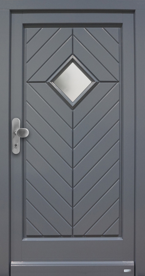 Maritime Eingangsstür Modell Helgoland mit rauteförmigen Glasausschnitt und passenden Nutfräsungen.