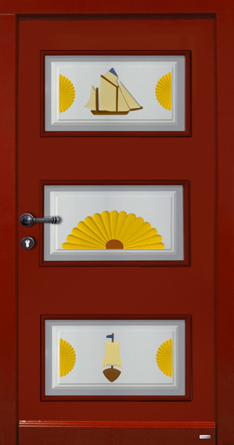 Rote Friesentuer aus Holz mit Schiffssymbolen.