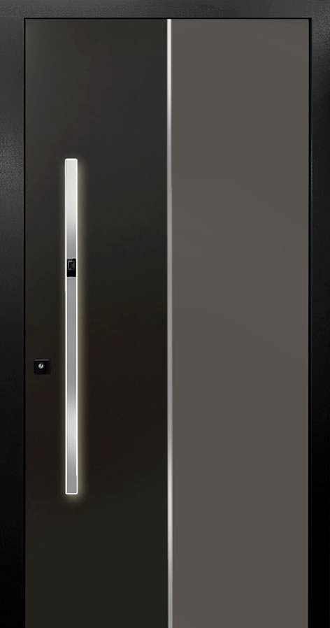 Eine zweifarbige Holz-Aluminium Haustür in Schwarz und Beige mit einer Stahllisene Senkrecht