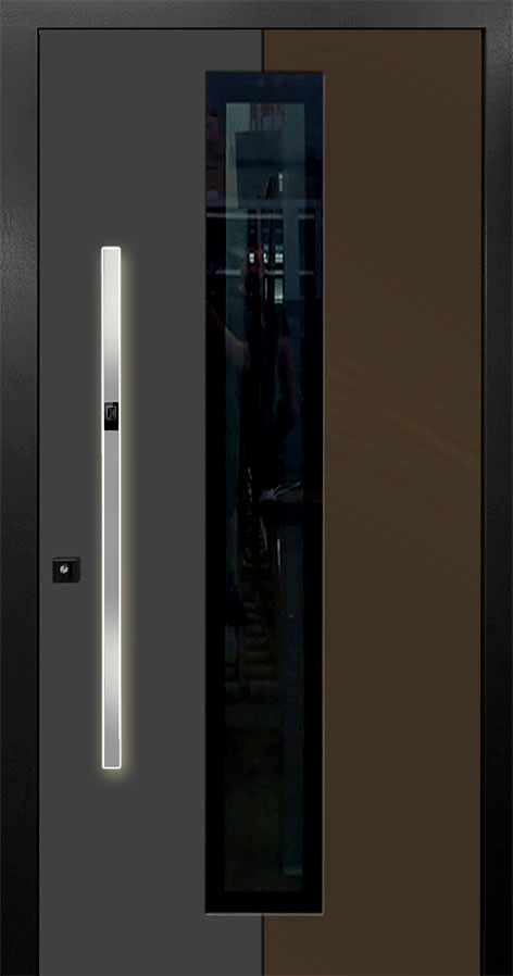 Eine Holz-Aluminium Tür zweifarbig in Grau mit Glas in der Mitte in Schwarz