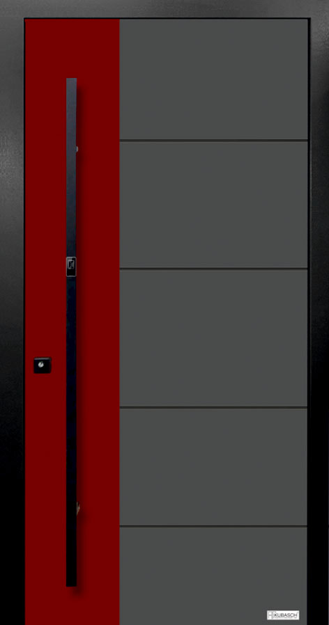 Eine zweifarbige Holzaluminiumtür in Grau und Rot mit schwarzen Querlisenen und schwarzem Griff