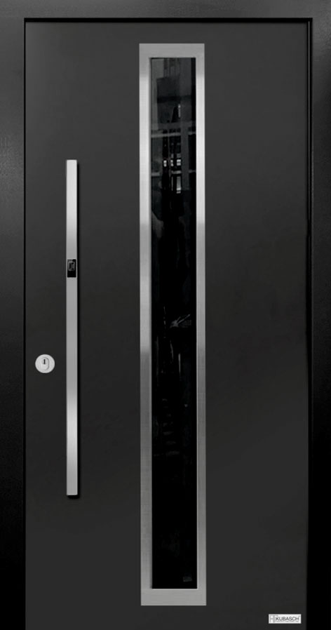 Eine Holz-Aluminium Haustür in Schwarz mit Lichtausschnitt und Chromlisenen