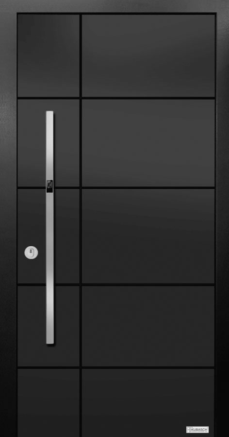 Eine Holz-Aluminiumhaustür mit Fingerprint, in Schwarz mit Fräsungen