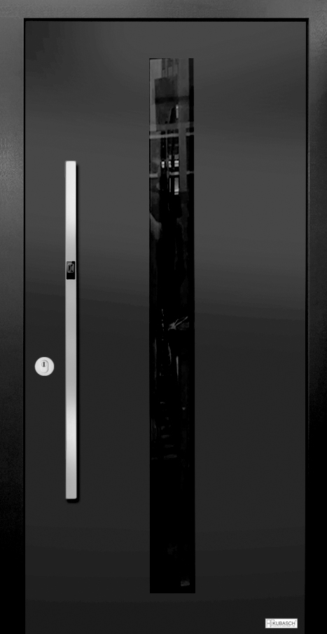 Eine Holz-Aluminium Eingangsatür in Schwarz mit Lichtausschnitt schwarzes Glas und langer Griff mit Fingeröffner