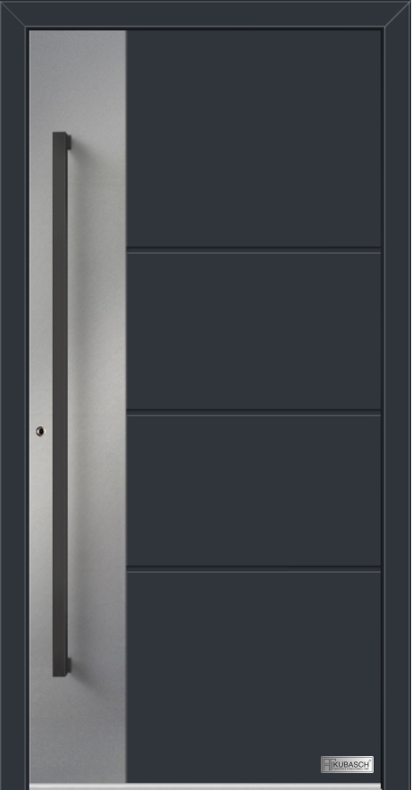 Moderne Holzeingangstür BERLIN FX 06 Moderne Holzeingangstür BERLIN FX 06 mit Querfräsungen und Aluminiumstreifen und modernem schwarzen Beschlag.