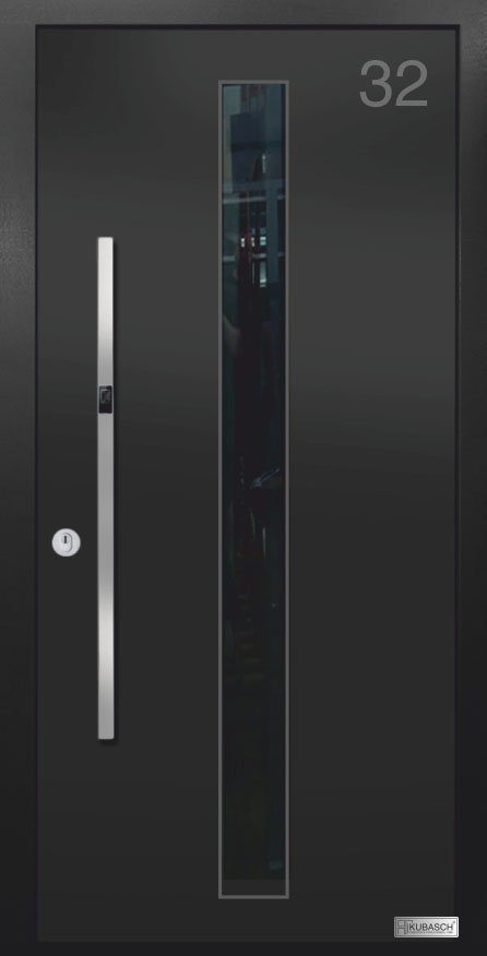 Haustürenmodelle LONDON 02 Haustürenmodelle LONDON 02 im modernen Schwarz mit schwarzem Glas und moderner Griffstange, sowie Fingerprint-Öffner.