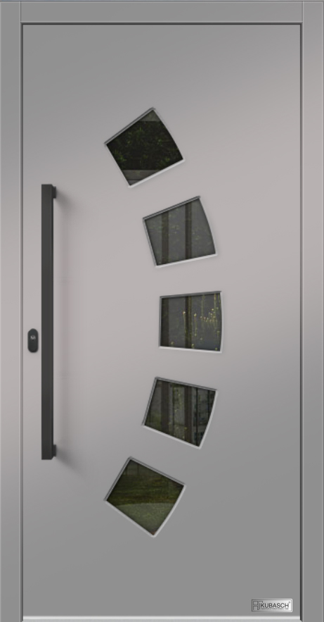 Moderne Holzhaustür Modell OSLO 01 Moderne Holzhaustür Modell OSLO 01 mit im Halbkreis angeordneten Glasausschnitten in Schwarz.