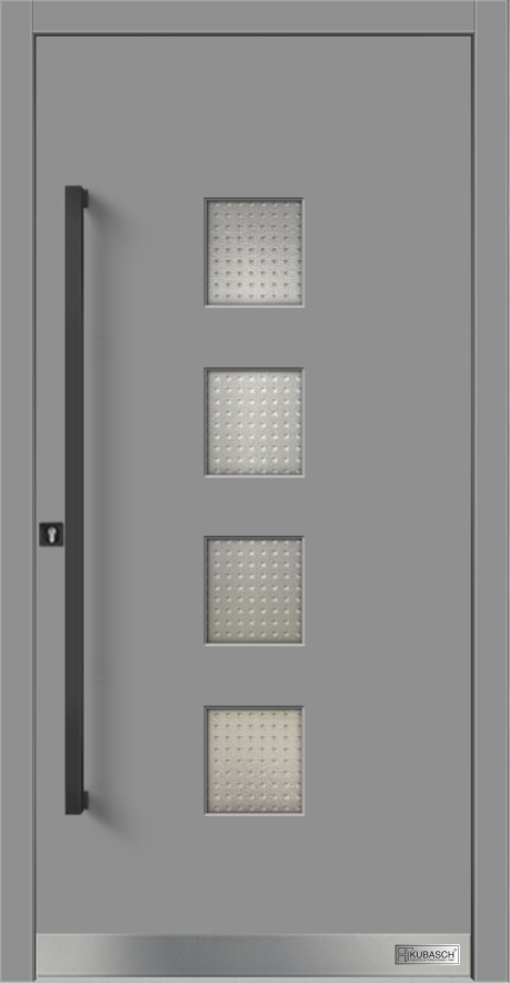 Haustüren Modell OSLO 04 Moderne Haustür in Hellgrau mit vier Lischtausschnitten und modernem schwarzen Beschlag.