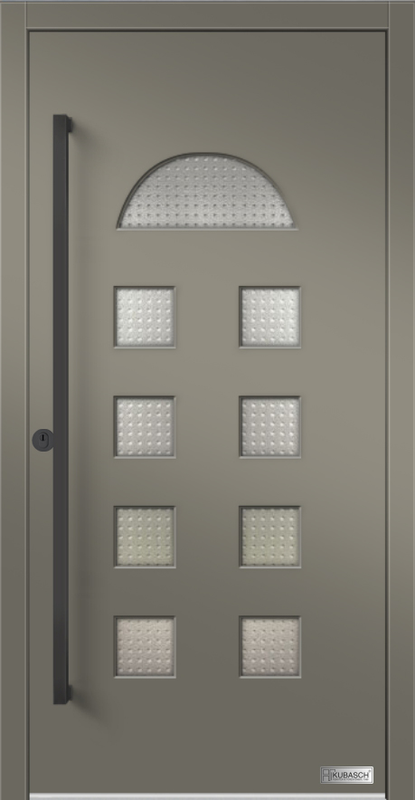 Haustürenmodell OSLO 05 Moderne Haustür aus Holz. Modell OSLO 05, mit mehreren Lichtausschnitten und einem Halbkreislichtausschnitt und moderner schwarzer Griffstange.