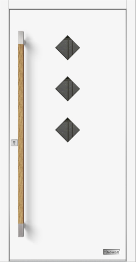 Haustürenmodell OSLO 06 Schöne Eingangstür aus Holz, Modell OSLO 06 mit rautenförmigen Lichtausschnitten, Holzgriff in weißer Oberfläche.