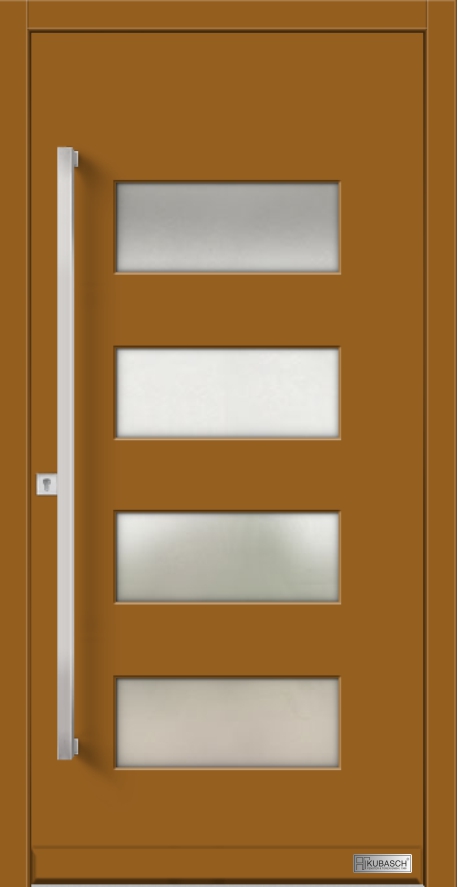 Haustür Modell 07 Moderne Haustür in Hellbraun mit vier queren Lichtausschnitten und modernem Beschlag.