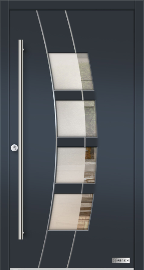 Holzhaustürmodell OSLOS FX 01 Moderne Holz-Haustür OSLO FX 1 mir vier Lichtausschnitten, Satinatoglas und und halbrunden Edelstahllisenen